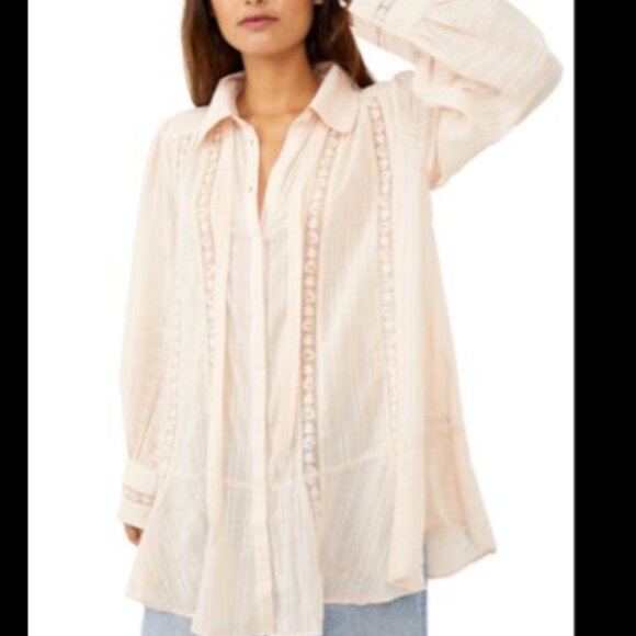 Free People Tops - Free People Mikaela Button-Up Cotton Tunic in Champagne Toast NWT